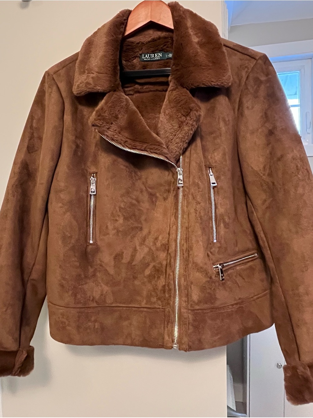 Ralph Lauren Brown Faux-Suede Shearling Moto Fall Jacket L